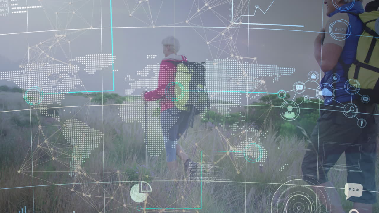 Animation of network of connections and world map over senior caucasian couple hiking in countryside