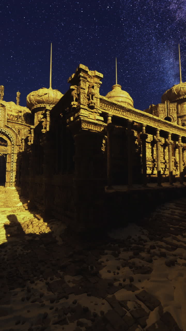 Ancient ruins illuminated under starry sky with detailed architecture