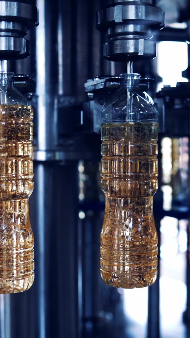 Line of food production of refined sunflower oil. Factory line of production and filling of refined oil from sunflower seeds Vertical video