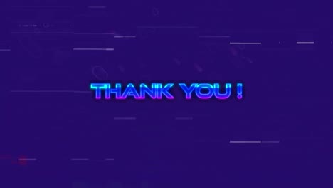 animación del efecto de glitch sobre el texto de agradecimiento contra senderos de luz púrpura sobre fondo azul.