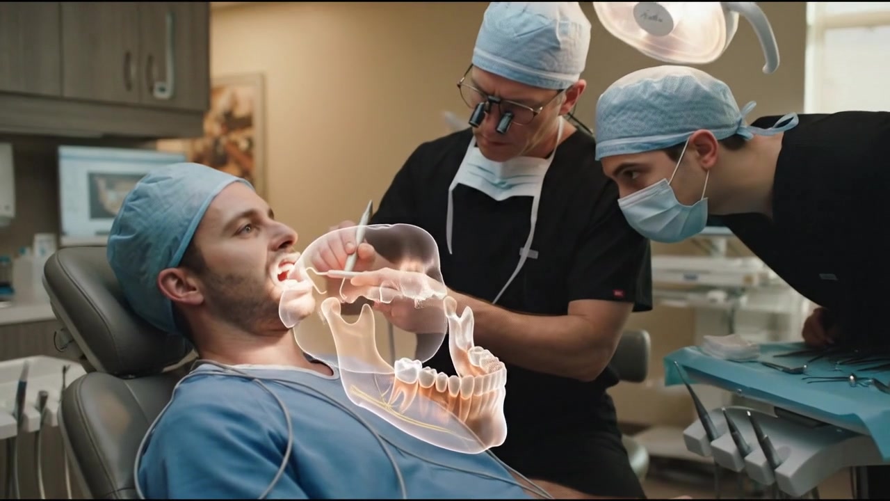Dentist treating a reclining male patient during an oral procedure inside a modern professional medical environment