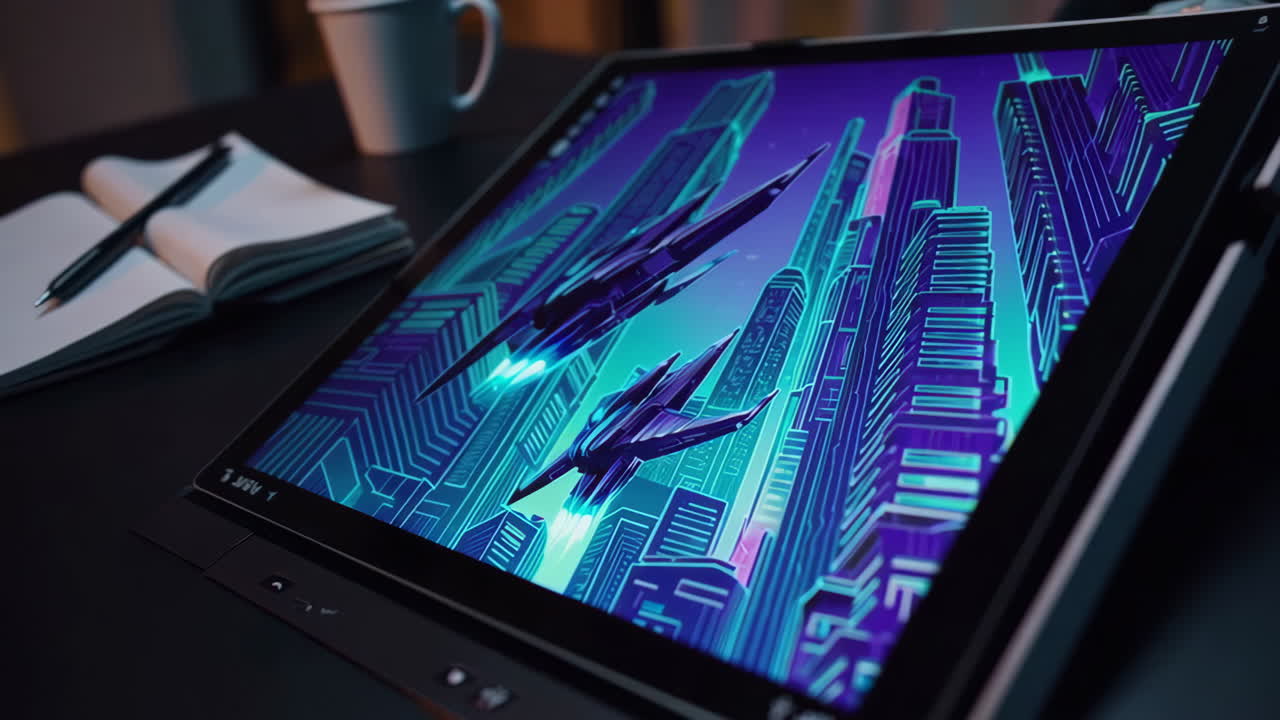 Digital Art Piece of Futuristic Cityscape with Spaceships