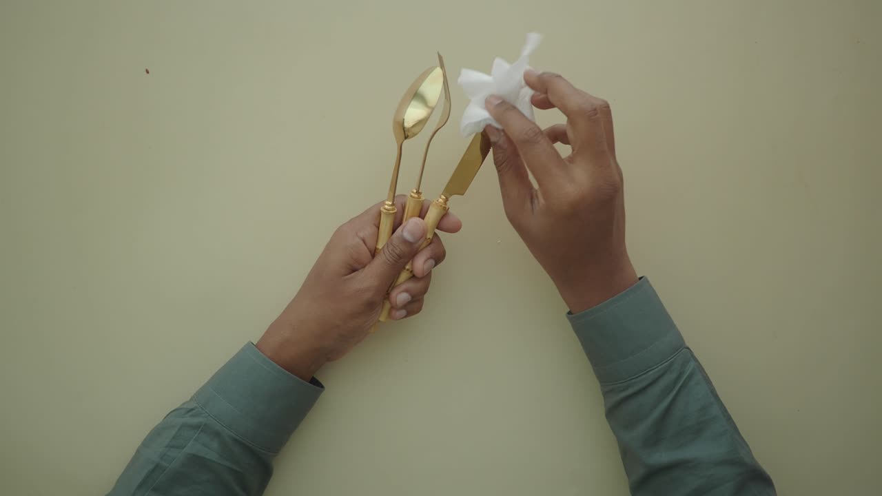 Person's Hands Wiping Golden Cutlery with a Tissue