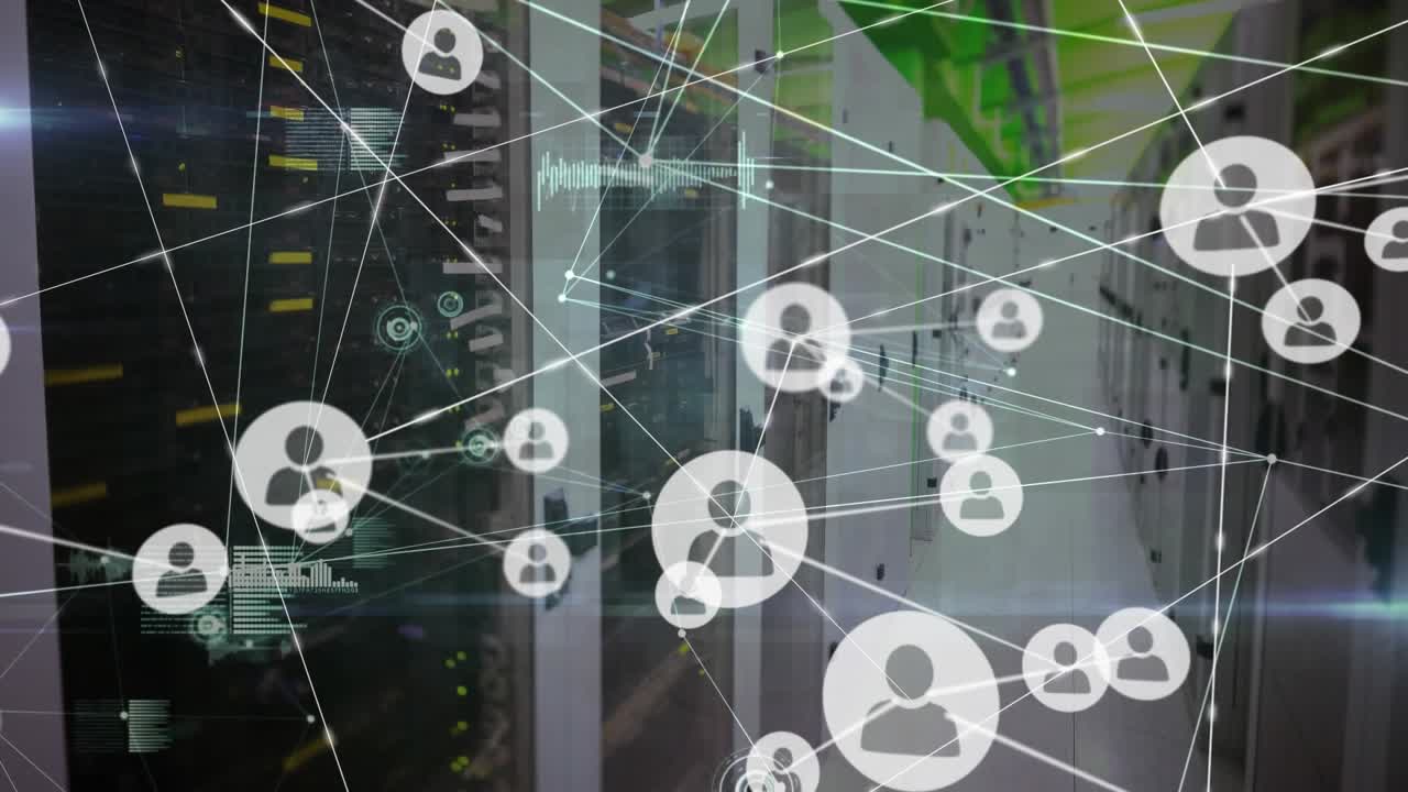 Animation of network of network of connections with icons over modern office network