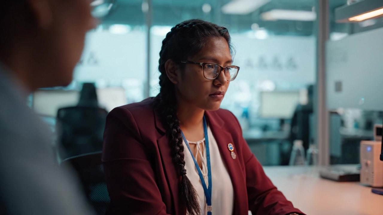 A focused discussion on technology and innovation in a modern office setting, showcasing collaboration between colleagues examining data on computer screens.