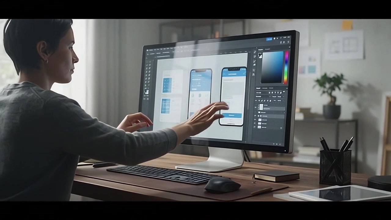 Graphic designer al lavoro sull'interfaccia di un'app mobile al computer