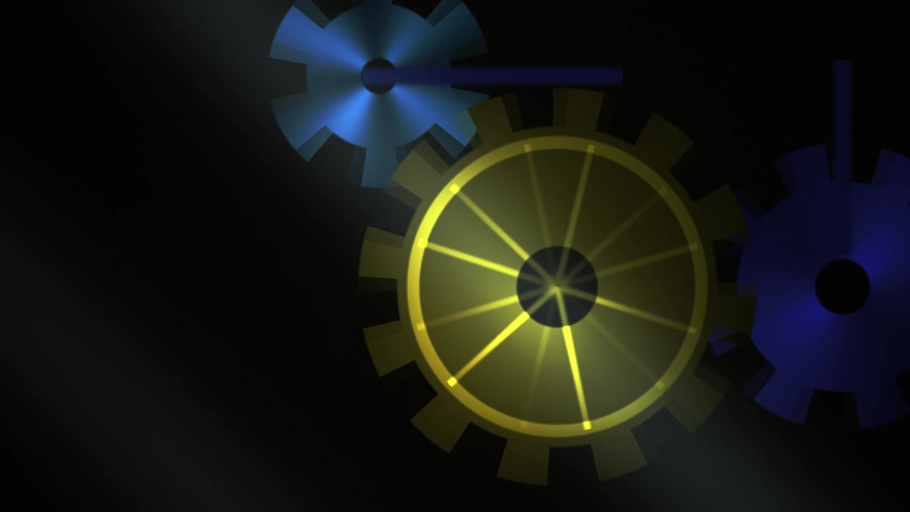 Animated Gears Rotating with Light Rays on Dark Background