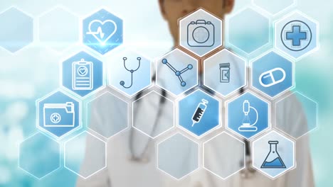 male doctor using digitally generated interface vector icons