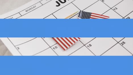 Digital-animation-of-red-and-blue-stripes-moving-against-american-flag-miniatures-on-calendar