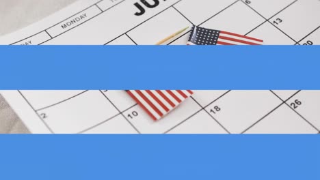 animación digital de rayas rojas y azules que se mueven contra las miniaturas de la bandera estadounidense en el calendario