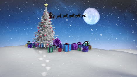 animación de santa claus en trineo sobre la nieve que cae, árbol de navidad y paisaje de invierno