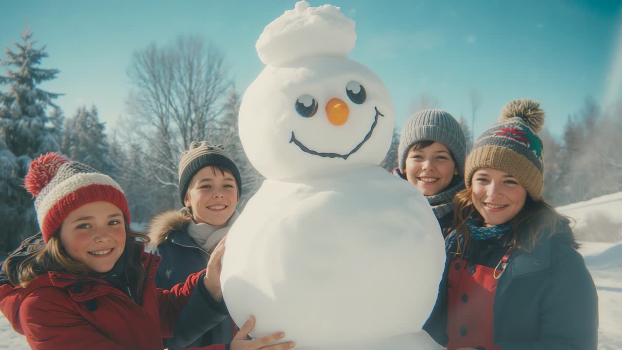 After building snowman friends in coats in yard adding carrot nose, camera pushing in panning right