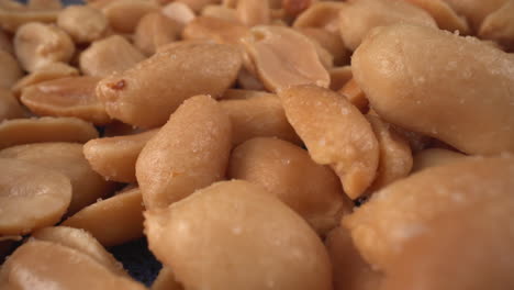 toasted salted peanuts macro moving backwards, food product used in many commercial producers and recipes like chocolates, sauces and oils, known allergen, healthy nuts, peanut allergy, 4k shot