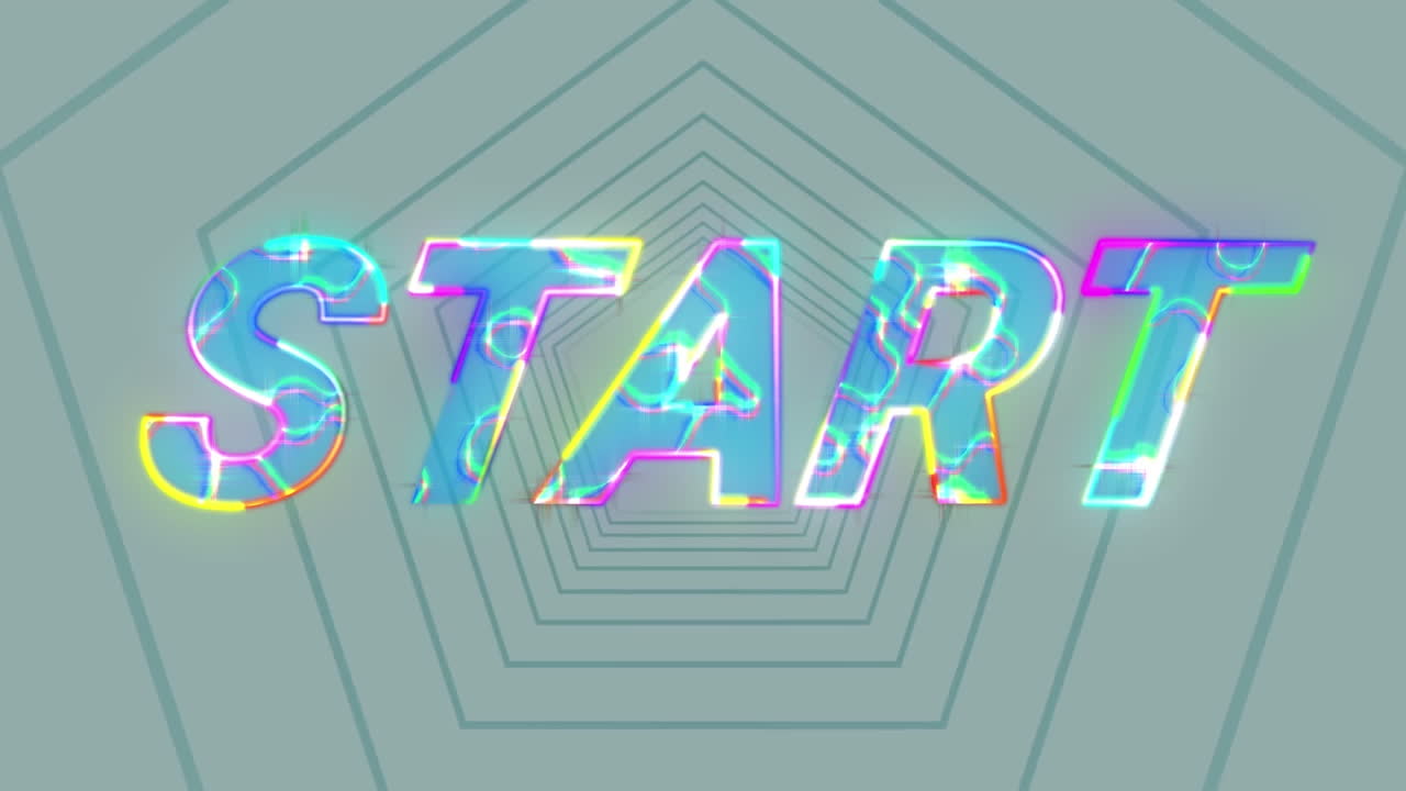 efecto eléctrico sobre el texto de inicio contra hexágonos azules en movimiento continuo sobre fondo gris