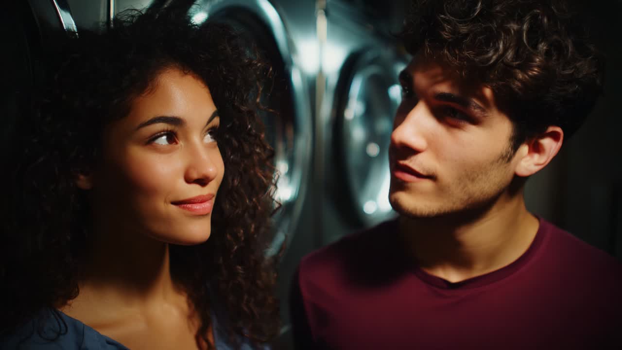 In a dimly lit laundromat, a young couple shares a moment of connection, their eyes locked in a gaze that speaks volumes about their unspoken feelings, set against the backdrop of spinning washers