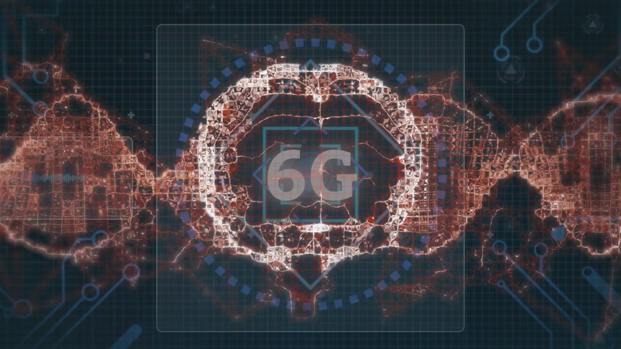 Animation of 6g text in geometric shapes over digital brain, dna helix and circuit board pattern