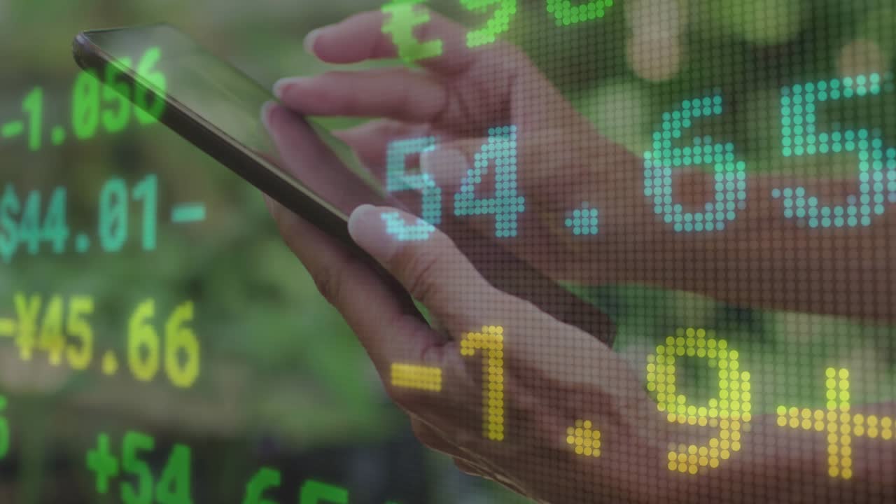 Woman using smartphone, tapping, swiping financial metrics, graph animating tracking market shift