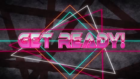 animation of get ready text in pink metallic letters over neon lines