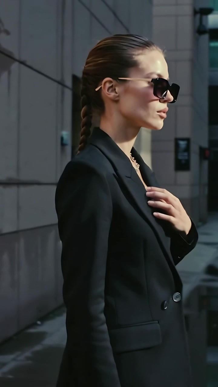 Video vertical: Cámara retrocediendo mientras una mujer con blazer y gafas de sol camina hacia una puerta, ajustándose la solapa.
