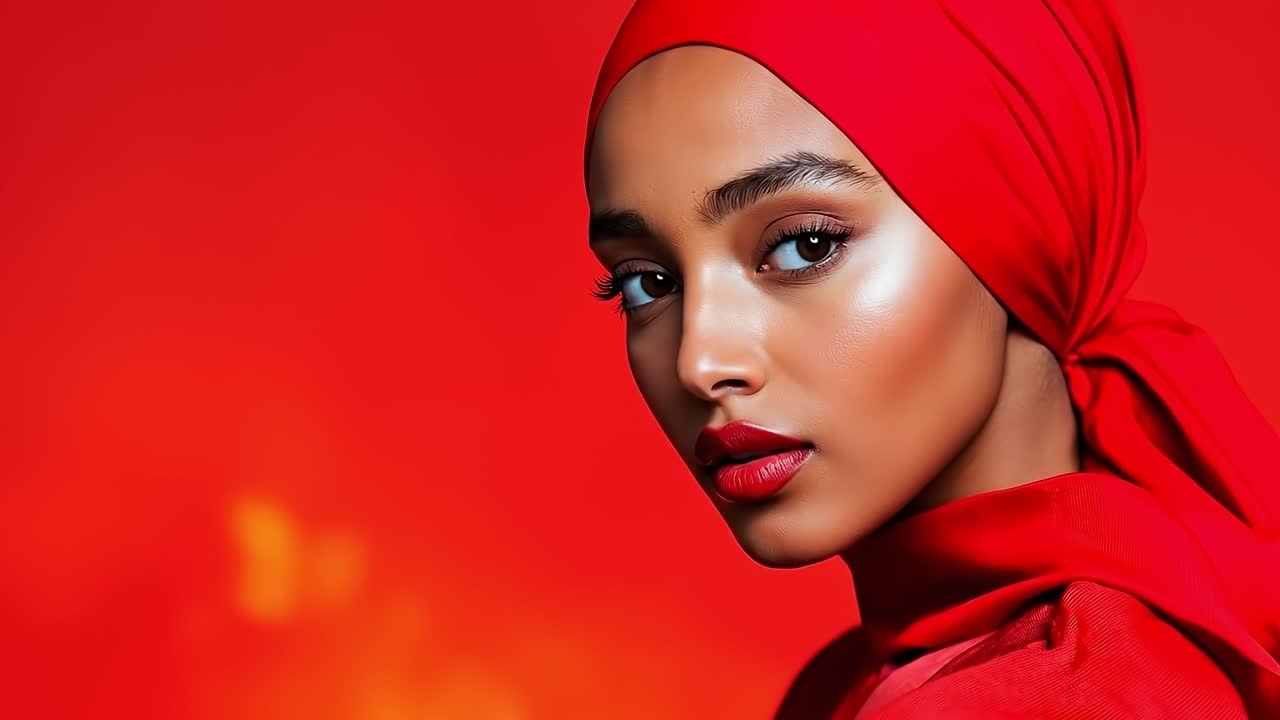 Donna con un foulard rosso e rossetto rosso