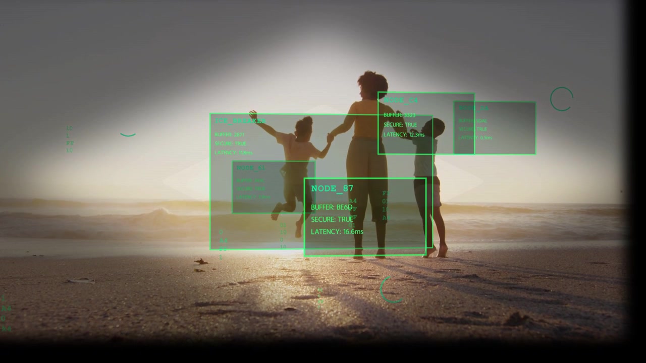 Adulto che tiene per mano dei bambini di fronte alla riva, con pannelli tecnologici HUD che appaiono tracciando il movimento, NODE_87.