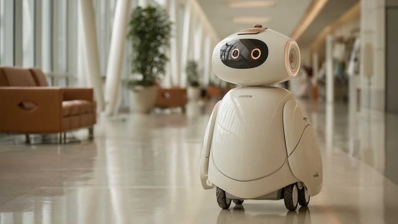 A Friendly Robot Navigating through a Modern Corridor, Showcasing Advanced Technology and Autonomous Movement in an Indoor Environment
