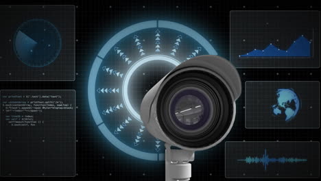 Animation-of-digital-data-processing-over-cctv-camera-on-black-background