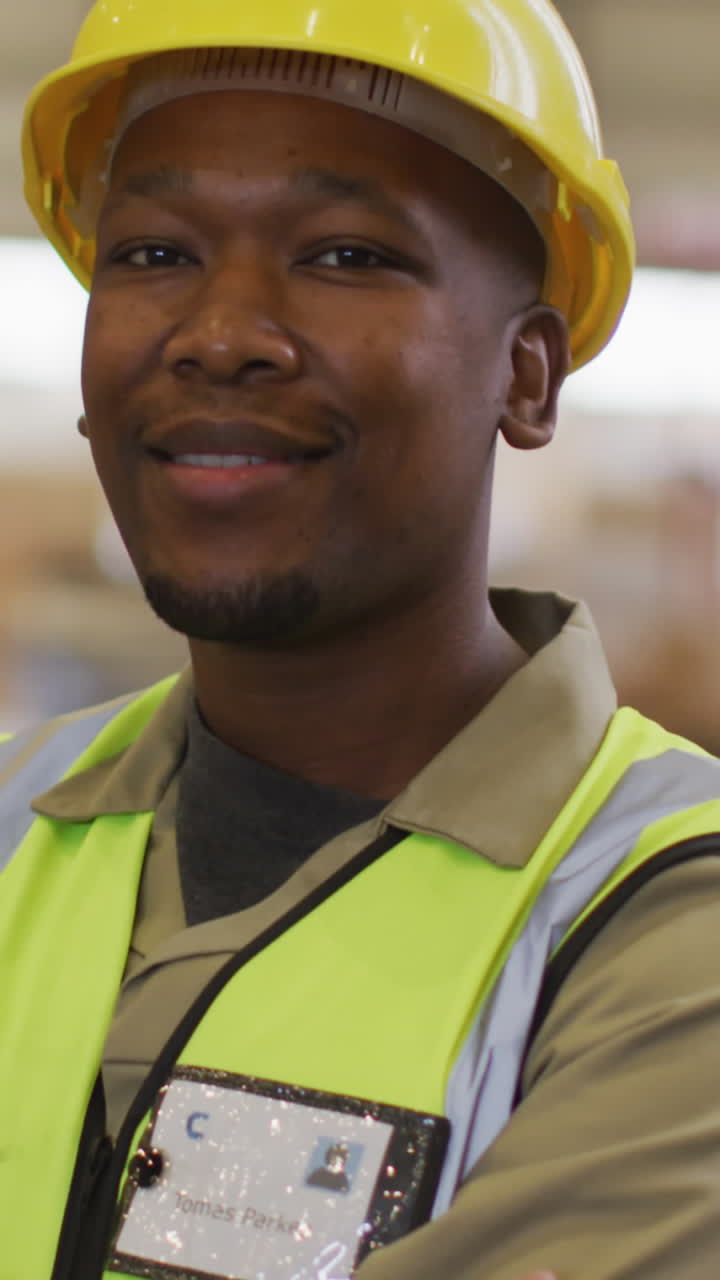 retrato de un trabajador masculino afroamericano con traje de seguridad y sonriendo en un almacén