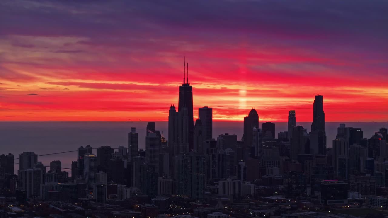Aerial view of downtown Chicago at sunrise