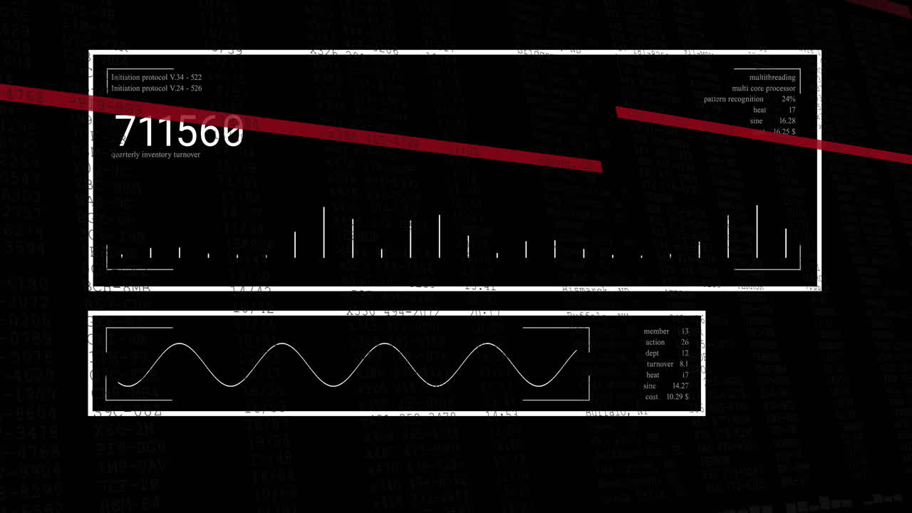 Animation of red lines over numeric data and charts processing on black background