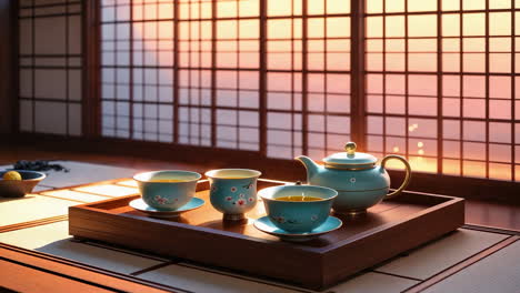 traditional japanese tea set in a serene setting