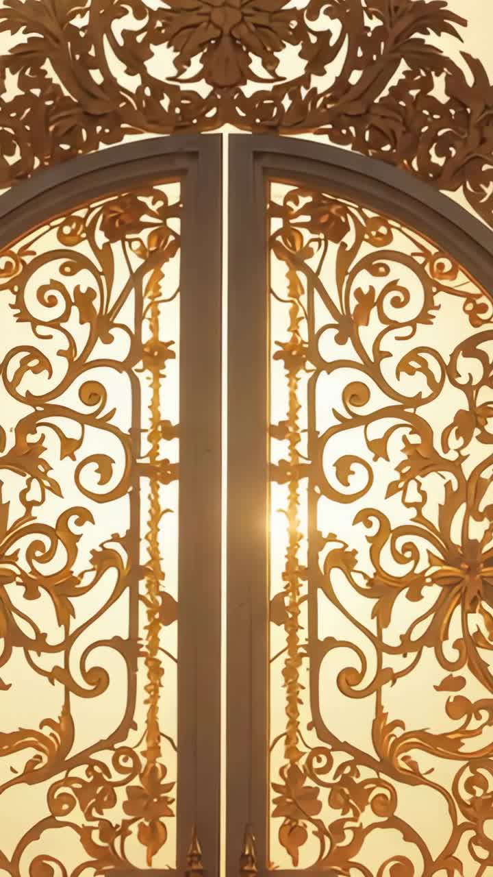 Vertical video: Ornate golden gates swinging open at gateway, as sunrise beams streaming past gap