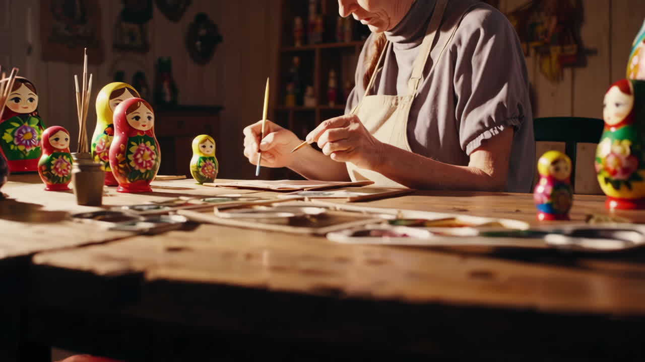 Woman Painting Russian Nesting Dolls in a Workshop