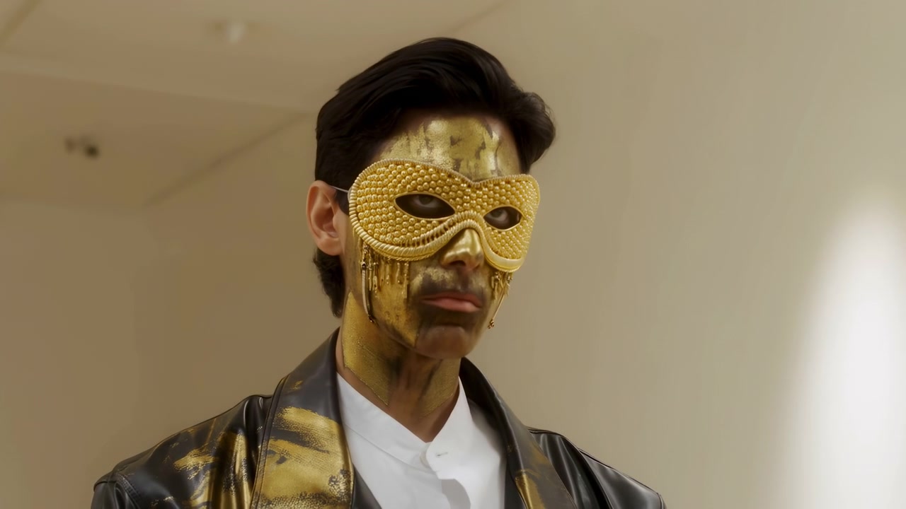Porträt mit goldener Maske, männliches Model trägt goldene Jacke und Gesichtsbemalung, steht in neutralem Innenkorridor.