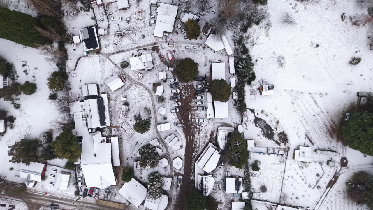 Top-down aerial shot showing rooftops and narrow streets through pine forest at the settlement of Colonia Suiza, Bariloche, Argentina
