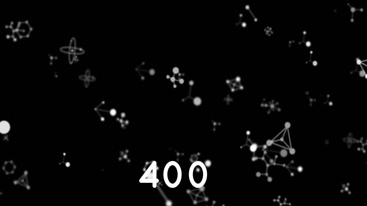 Digital animation of increasing numbers over molecular structures floating against black background