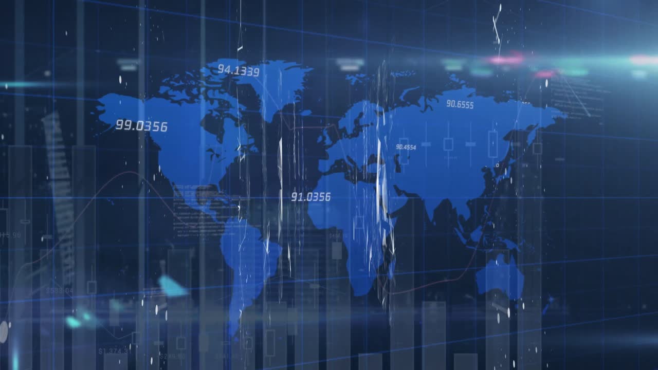 세계 지도와 파란색 배경에 빛의 점에 대한 통계 데이터 처리 및 플렉서스 네트워크