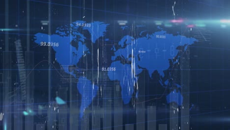 statistical data processing and plexus networks over world map and spot of light on blue background