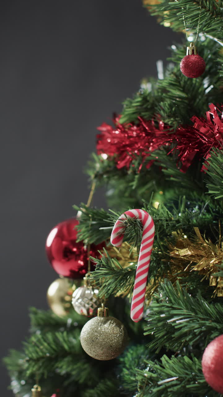 Vertical video of christmas tree with candy cane and decorations and copy space on black background