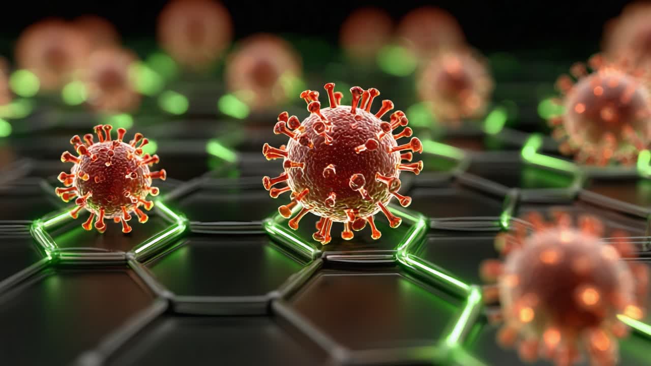Abstract Representation of Viral Structures: Exploring the Intricacies of Virus Particles within a High-Tech Network of Hexagonal Patterns and Fluorescent Green Elements