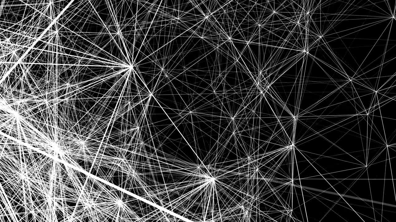 Abstract white plexus lines is random moving animation on black background. Animation of seamless loop