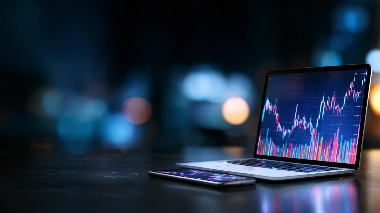 A dynamic visual representation of market trends, showcasing a laptop and smartphones with vibrant financial graphs illustrating data fluctuation, all set against a blurred, colorful urban backdrop that enhances the technological ambiance
