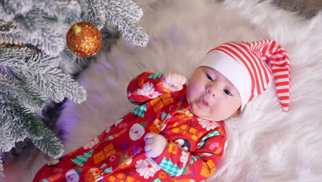 serious little baby boy in red and white hat lies on white fluffy plaid. funny kid near the decorated christmas tree. view from above.