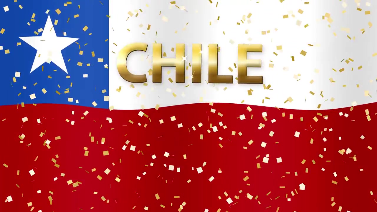 Bandeira nacional animada do Chile ondula atrás de texto dourado e partículas de glitter cintilantes caindo