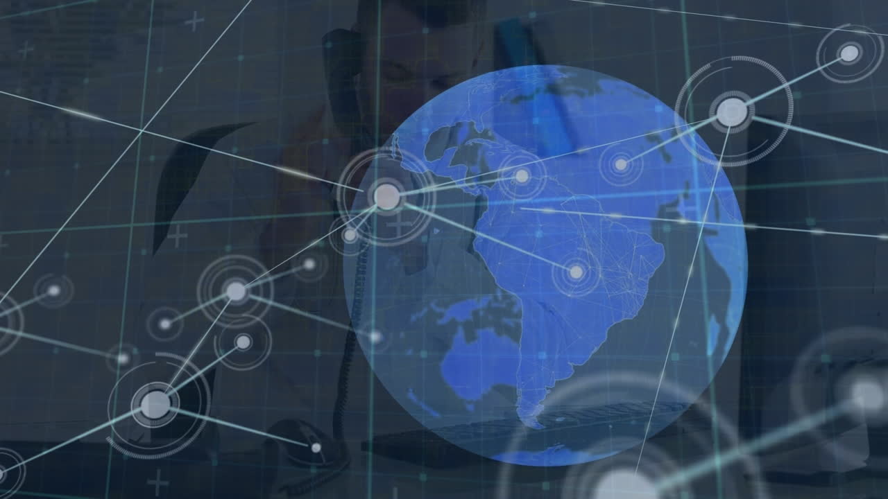 스마트 폰을 가진 백인 남성 의사에 대한 아이콘과 연결 네트워크의 애니메이션