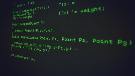 animation of green computer language over connected dots against black background