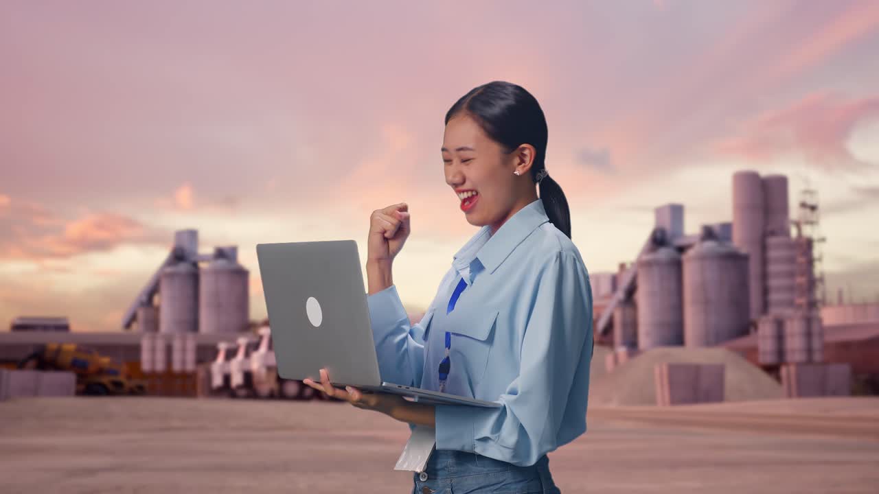 日落時分，一位亞洲女性在工業水泥廠，側面看她帶著手提電腦，在手提電腦上打字後，她高舉拳頭興奮地慶祝目標達成。