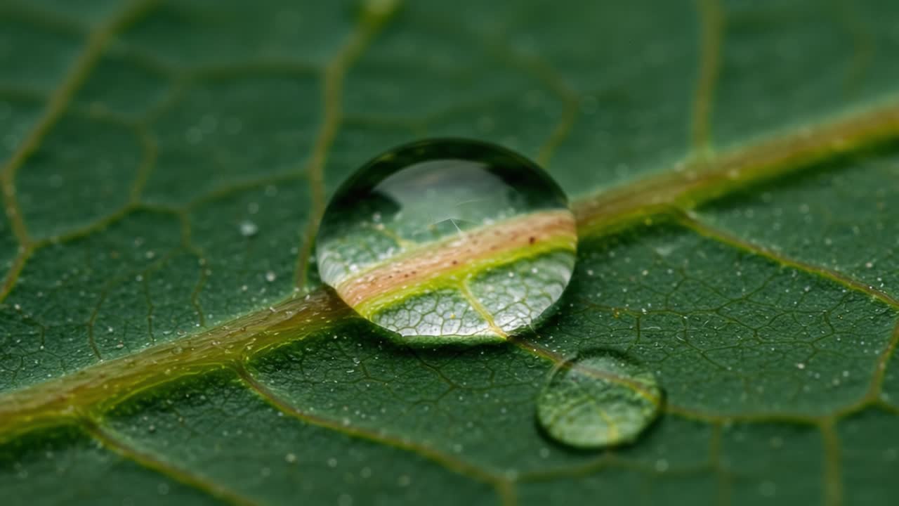Magnified Water Droplets on Leaf Surface Showcasing Intricate Patterns of Nature's Design and the Beauty of Natural Water Collection in Close-Up