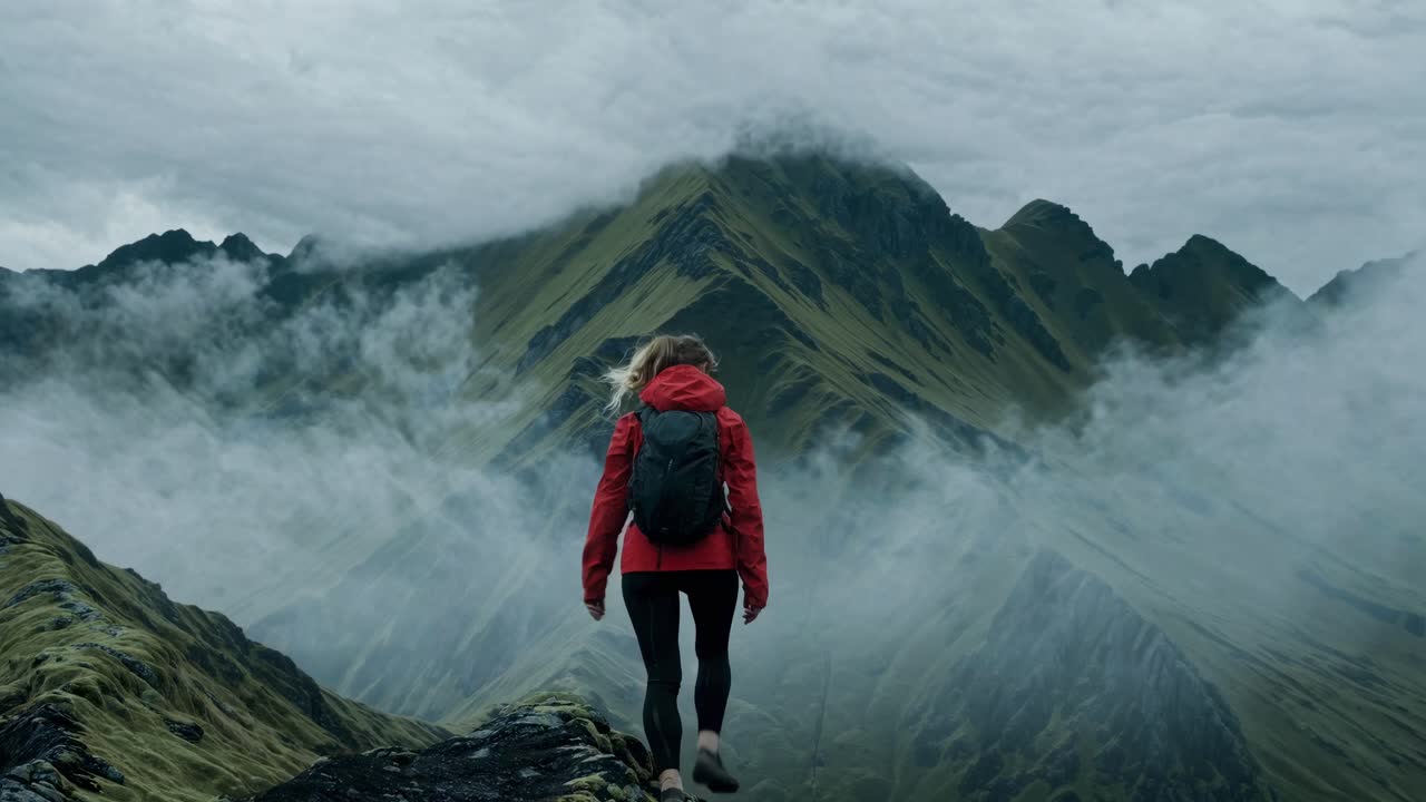 A video still of a person in a red jacket, standing on a misty mountain ridge