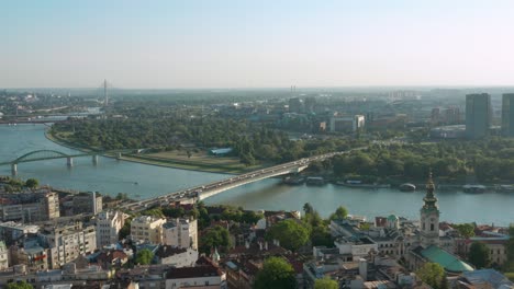 aerial truck shot over the downtown belgrade capital of serbia in the afternoon